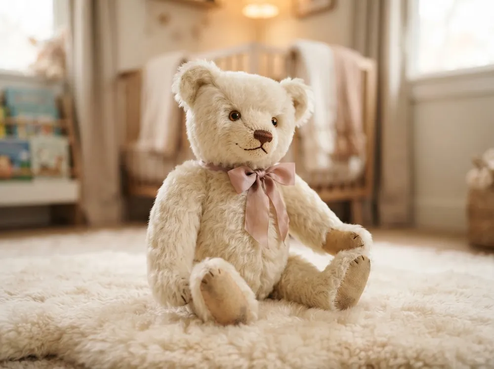 Cream heartbeat teddy bear with a pink ribbon sitting on a soft nursery rug